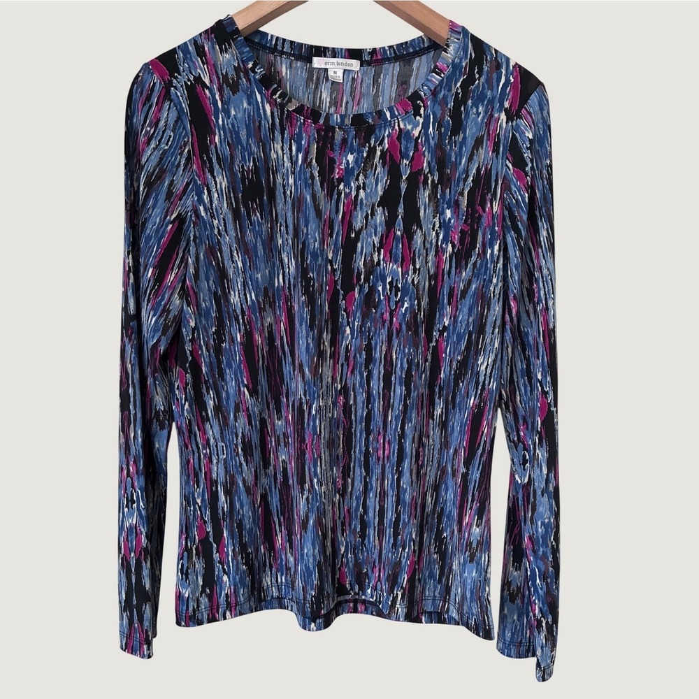 Erin London Grunge Blue Pink Abstract Y2K Long Sleeve Crew Neck Top Size M